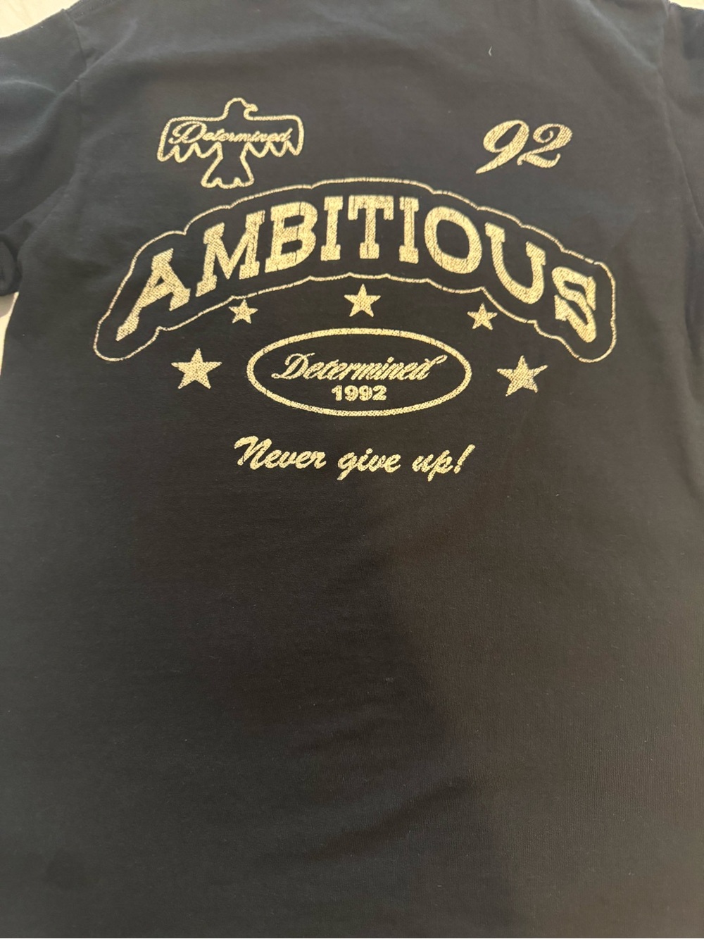 Ambitious 'Never Give Up' Graphic Tee - Black with Gold Print